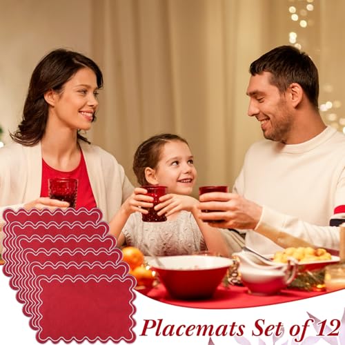 12-Pack Linen Placemats Set - Red, 13x19-inch Wavy Embroidered, Double Layer