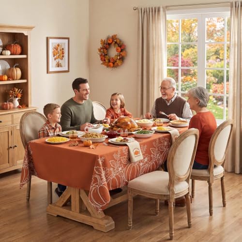 Fall Harvest Pumpkin & Leaf Rectangular Tablecloth 60x84 Inch Faux Linen Water-Resistant Thanksgiving Decor - Orange