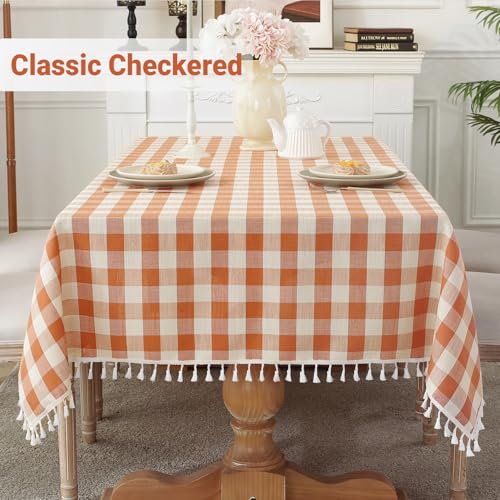 Buffalo Checkered Fall Tablecloth 86x55 Inch Washable Gingham with Tassels