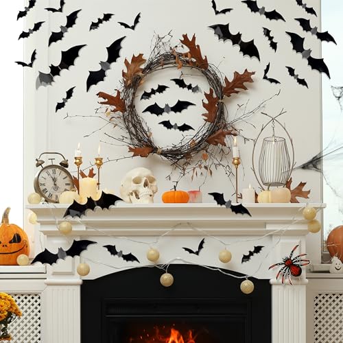 144 Pcs Halloween 3D Bat Stickers Set - Black Indoor Outdoor Horror Decorations