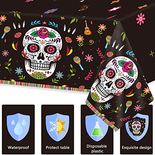 Day of the Dead Party Supplies Set - Skull Tablecloth Plates Napkins & Cutlery - Mexican Fiesta Halloween Birthday Decor