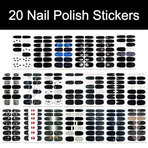 Self-Adhesive Black Nail Wraps Kit 2 - Punk Style Full Stickers for Nails, 20 Sheets, 280 Pieces