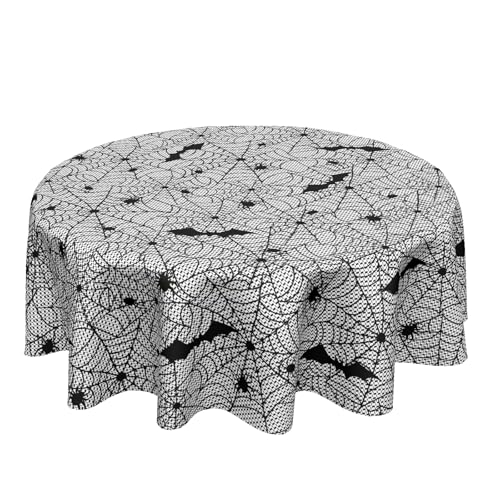 Halloween Bat Tablecloth 60 Inch Round Spider Web Design Washable & Stain-Resistant