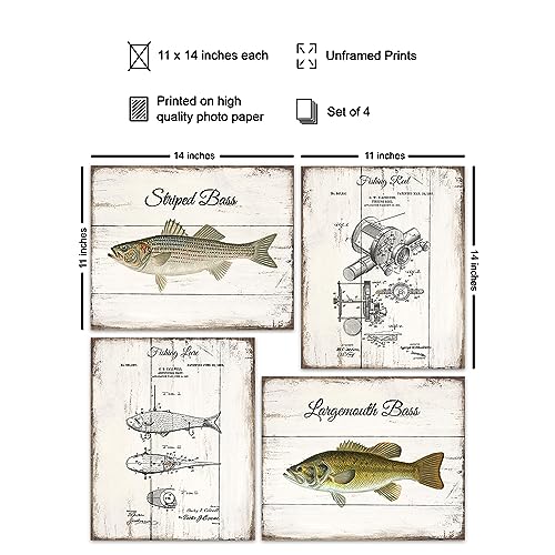 Vintage Fish Patent Prints - 11x14 Rustic Wall Art for Man Cave, Fishing Gift Set of 4