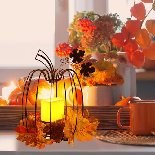 Black Pumpkin Lantern Candle Holder for Fall Decor, Indoor & Outdoor Wrought Iron