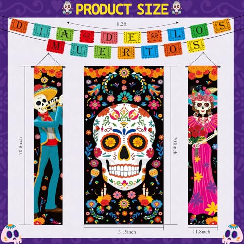 Dia De Los Muertos Decorations Set - Porch Signs, Banners & Door Cover for Halloween & Cultural Celebrations