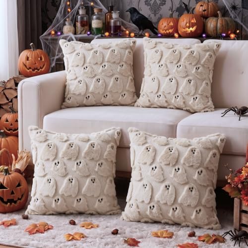 Halloween Throw Pillow Covers 18x18 Inch Set of 4 Beige Ghost - Fall Decor