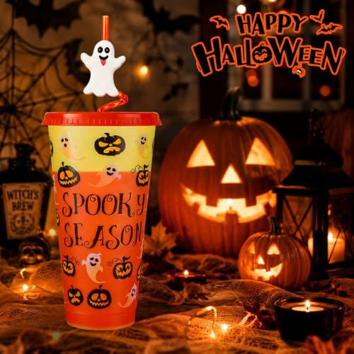 16 Pack Color Changing Halloween Plastic Cups with Lids & Straws - 24 oz Reusable Party Tumblers