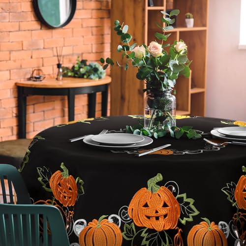 Halloween Embroidered Tablecloth for Dining Table - Black & Orange 86cm