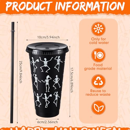 Skeleton Plastic Cups with Lids & Straws - Black Halloween Party Bulk 24 oz Variation of Skeleton / Black