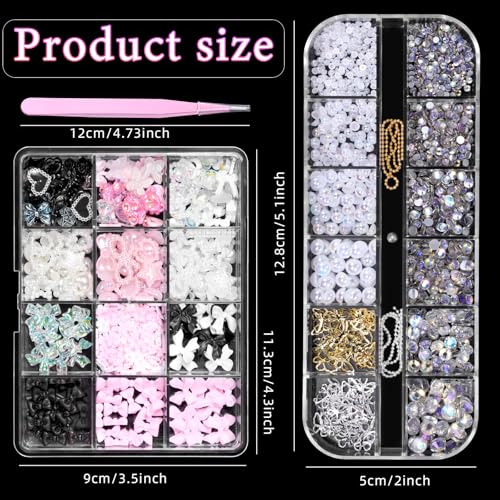 3D Nail Charms Gems Set with Bow, Butterfly, Flower & Heart Acrylic Nail Art Accessories