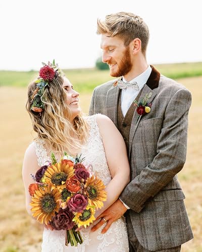 Fall Sunflower Artificial Flowers Set Burgundy Roses Bouquets for Wedding & Home Decor - Fall Fake Flowers