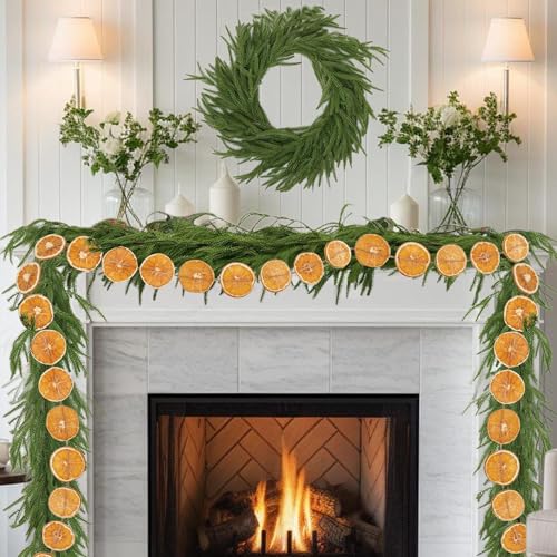 9 Ft Artificial Norfolk Pine Garland with Orange Slices Christmas Decor for Indoor & Outdoor Holiday Festivities
