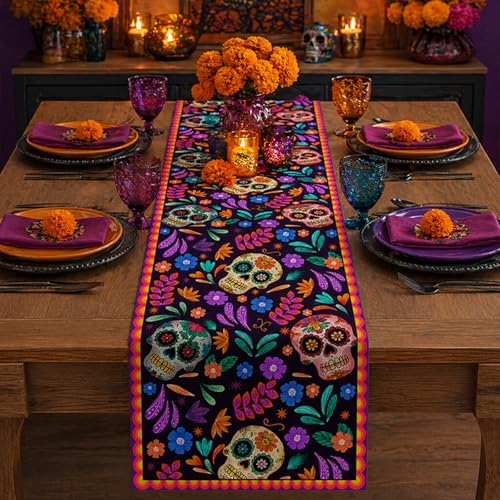 Mexican Sugar Skull Dia De Los Muertos Table Runner 13x72 Inch - Day of The Dead Decor