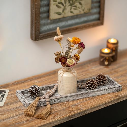 Whitewashed Rustic Wooden Candle Tray - 17-Inch Farmhouse Decor Centerpiece