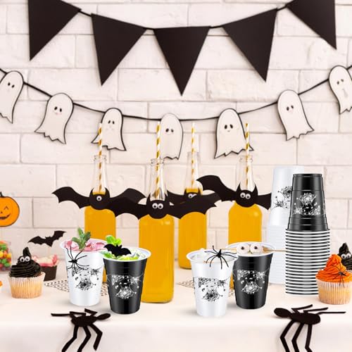 Potchen Halloween Party Disposable Plastic Cups 16oz Black & White Spider Variation of 60 Pcs