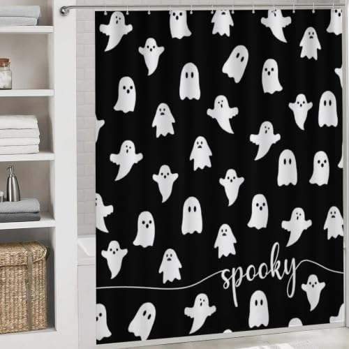 Ghost Halloween Shower Curtain - Spooky Ghost Pumpkin Bathroom Waterproof Fabric 72x72 Inches with Hooks - Variation Ghost-a
