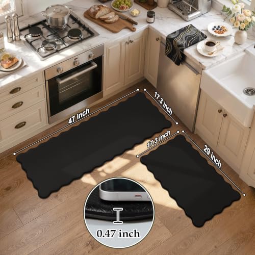 KIMODE Anti-Fatigue Kitchen Mats Set - Black Wavy 17.3x47 & 17.3x29 Inches