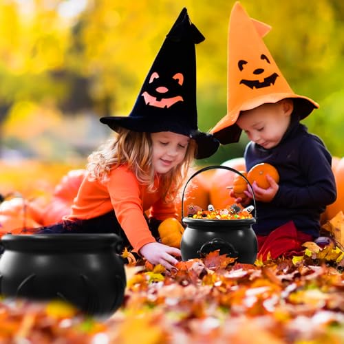 Halloween Plastic Cauldron Set - 3 Large Black Witch Kettles for Candy & Decorations