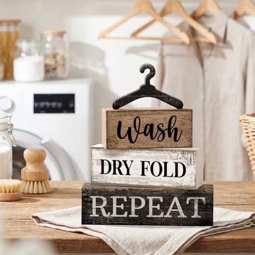 Farmhouse Laundry Room Decor 4-Piece Stacked Wooden Blocks - Rustic Home Accent - Laundry Variation