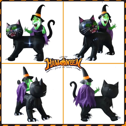 8ft Halloween Inflatable Witch Riding Black Cat Yard Decor with LED Lights