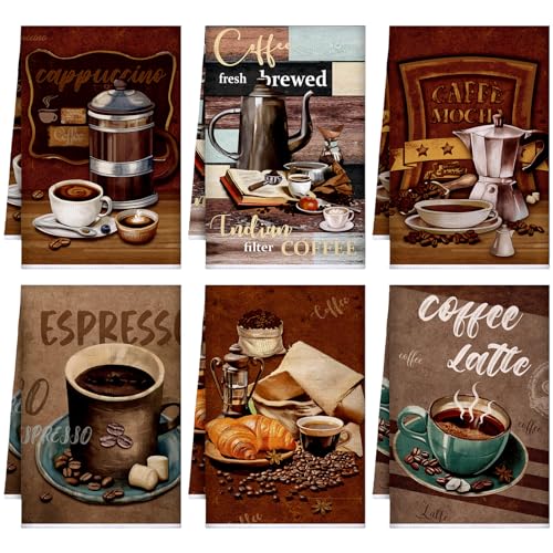 Coffee Themed Kitchen Towels Set - 6 Stylish Microfiber Dish Towels