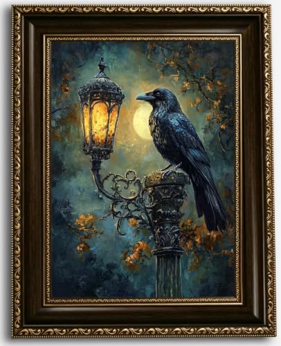 Gothic Black Raven Canvas Wall Art - Framed 16x12 Inches - Dark Decor