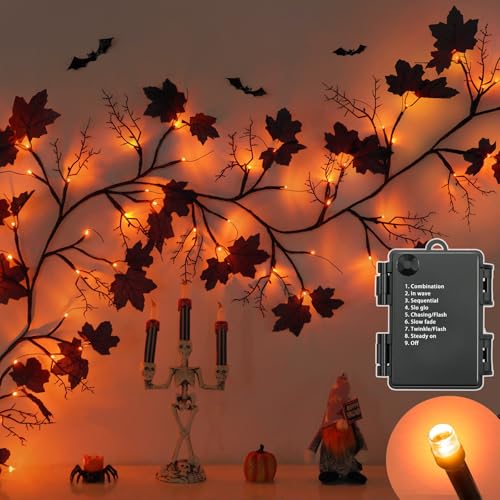 LED Willow Vine Garland with Orange Lights - Halloween Indoor Decor, 6Ft, 54 Lights, 8 Modes & Timer