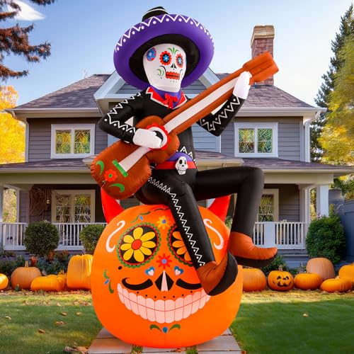 8 Ft Halloween Inflatable Skeleton Pumpkin Guitar with LED Lights for Outdoor Lawn Decor