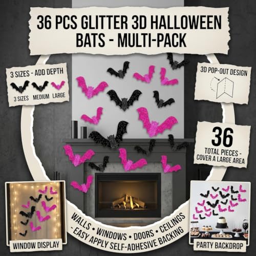 Halloween Glitter Bat Wall Decals Set - 36pcs Pink & Black Party Decorations