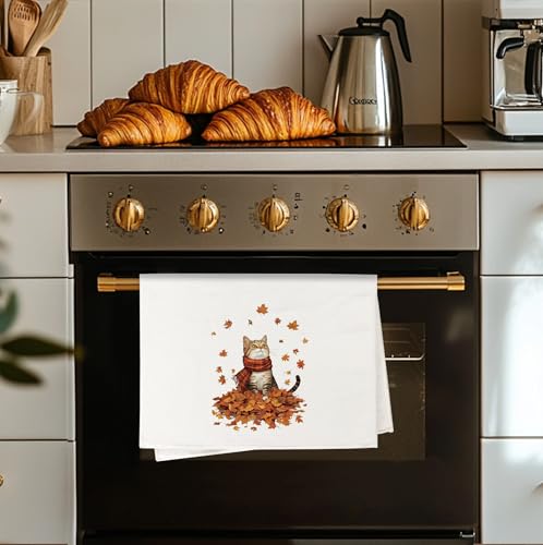 Fall Cat Kitchen Towels - Cat Maple Leaf Autumn Hand Towels for Kitchen & Bathroom - Variation of Cat Fall