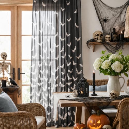 2 Pack Black Sheer Curtains for Windows 52x96 Inches - Bat Pattern, Halloween Decor