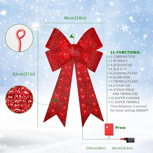 32-Inch 72 LED Christmas Tree Topper Red Bow Decor for Indoor Outdoor Holiday