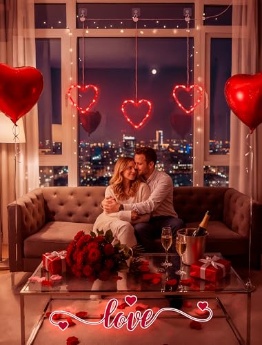 Valentine's Day Window Lights - Red Heart Silhouette LED String with Timer - Hearts Variation