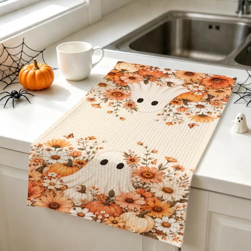 Halloween Kitchen Towels Set - Fall Floral Ghost Dish Hand Towels, 2 Pcs, Variation Towe20
