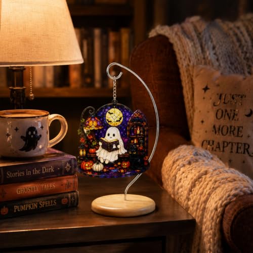 Ghost Reading Halloween Desk Ornament - Spooky Cute Ghost Decor with Stand, Indoor Holiday Gift
