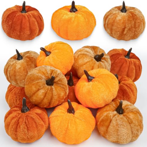 Artificial Velvet Mini Pumpkin Decor Set - Fall Autumn Home Decorations, 12 Pieces