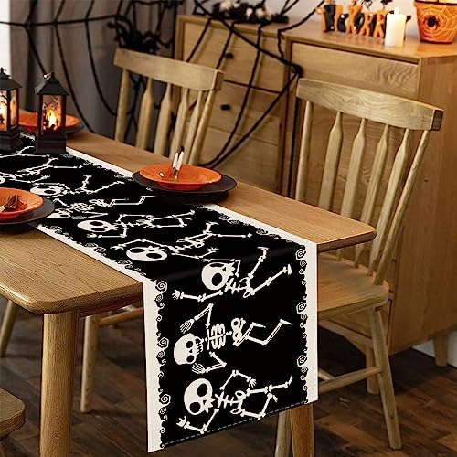 Halloween Skeleton Dancing Table Runner 13" x 90" Black Linen for Dining & Party