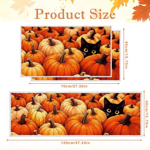 Fall Kitchen Rug Set of 3 - Halloween Pumpkin & Cat Mats with Velvet & Silicone Base