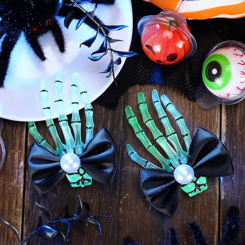 Luminous Skeleton Hand Hair Clips with Black Bow - Halloween Accessory Set