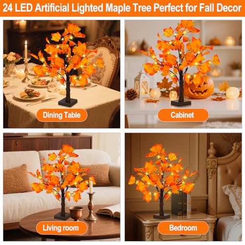 2 Pack Lighted Fall Maple Trees for Thanksgiving & Autumn Decor - Battery Operated, 24 Inch