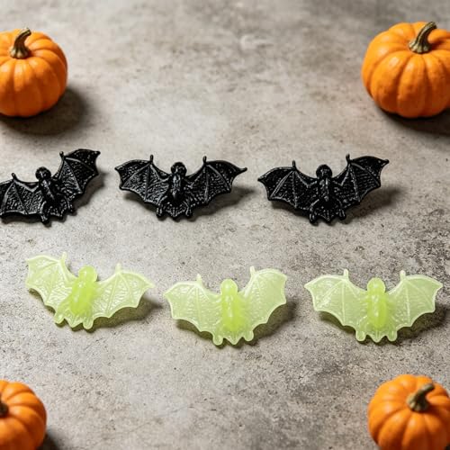 60PCS Halloween Plastic 3D Bat Decorations - Mini Black & Fluorescent Green Ornaments for Parties & Crafts