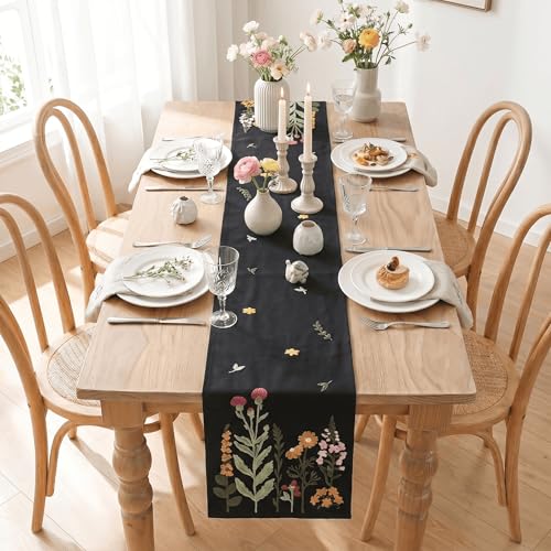 Black Floral Embroidered Table Runner - 13x72 Inch Seasonal Kitchen Decor