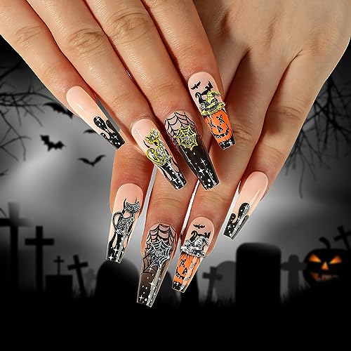Halloween Nail Charms Kit 40pcs 3D Spider, Cat, Cobweb, Wizard Hat Gold Silver Rhinestones