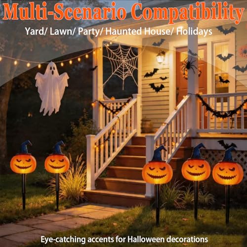 Halloween Solar Pumpkin Stake Lights with Witch Hat - Orange, IP65 Waterproof, Garden Pathway Decor