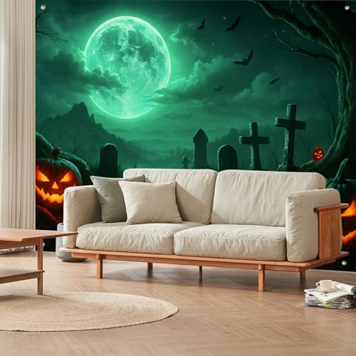 Halloween Backdrop Pumpkin Moon Scene 8x6ft - Spooky Cemetery & Full Moon - Variation of THIS listing