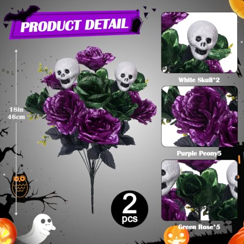 Purple Halloween Flower Bouquet - 18in Artificial Peony & Rose with Skull, 2 Pcs