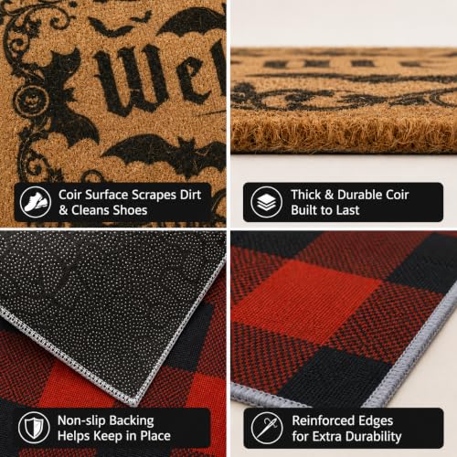 Brown Halloween Door Mat Set - Bat Welcome Doormat & Checkered Entry Rug