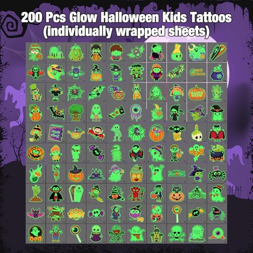 Glow Halloween Temporary Tattoos 200 Pack - Luminous Party Favors & Decorations