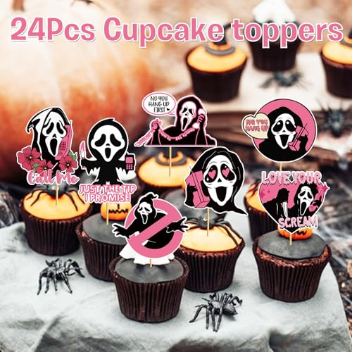 Pink Ghost Cupcake Toppers - Halloween Cake Decorations, Horror Party Supplies, 24 Pcs